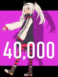 1girl akitetsu boots commentary_request dark-skinned_female dark_skin fang full_body grey_hair highres jacket long_hair looking_at_viewer matsukai_mao matsukai_mao_(1st_costume) milestone_celebration nijisanji open_mouth pink_eyes shadow smile solo striped_clothes striped_thighhighs thighhighs twintails two-tone_background virtual_youtuber