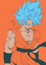 Rule 34 | 1boy, absurdres, artist name, biceps, black sash, black wristband, blue eyes, blue hair, closed mouth, collarbone, commentary request, dougi, dragon ball, dragon ball super, highres, looking at viewer, male focus, muscular, muscular male, orange background, pectorals, sash, seya (asasei 718), signature, simple background, smile, smirk, solo, son goku, spiked hair, super saiyan, super saiyan blue, v-shaped eyebrows, wristband