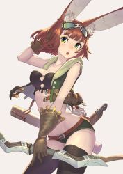 Rule 34 | 1girl, animal ear fluff, animal ears, arm up, black thighhighs, bow (weapon), breasts, brown gloves, brown hair, cleavage, contrapposto, cropped jacket, etrian odyssey, gloves, goggles, goggles on head, green eyes, highres, hood, hoodie, hound (sekaiju), midriff, open mouth, pouch, rabbit ears, rabbit tail, sekaiju no meikyuu, sekaiju no meikyuu 5, short hair, short shorts, shorts, solo, standing, strapless, tail, takamine nadare, thighhighs, tube top, weapon