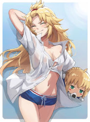 Rule 34 | 1girl, ahoge, arm behind head, arm up, artoria pendragon (all), artoria pendragon (fate), blonde hair, blue background, blue shorts, blush, blush stickers, border, breasts, character doll, closed eyes, closed mouth, collarbone, collared shirt, fang, fang out, fate/apocrypha, fate/stay night, fate (series), food, forehead, gradient background, green eyes, hair pulled back, highres, long hair, mordred (fate), mordred (fate/apocrypha), navel, nesoberi, no bra, onigiri, parted bangs, photoshop (medium), revision, saber (fate), shirt, short shorts, short sleeves, shorts, small breasts, solo, stuffed toy, thighs, tonee, white border, white shirt