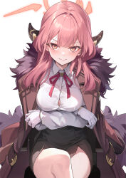 Rule 34 | 1girl, aru (blue archive), black skirt, blue archive, blush, brown coat, brown horns, closed mouth, coat, coat on shoulders, collared shirt, demon horns, fur-trimmed coat, fur trim, gloves, halo, horns, long hair, long sleeves, looking at viewer, pink hair, pink halo, shirokitsune, shirt, simple background, skirt, smile, solo, white background, white gloves, white shirt, yellow eyes