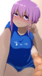 Rule 34 | 1girl, blue shirt, blush, breasts, closed mouth, clothes writing, collarbone, dark-skinned female, dark skin, fate/prototype, fate/prototype: fragments of blue and silver, fate (series), hair between eyes, hassan of serenity (fate), highres, i.u.y, nervous smile, nose blush, purple eyes, purple hair, shirt, short sleeves, small breasts, smile, solo, sweat, v over eye, wavy mouth