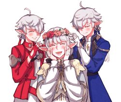 Rule 34 | 1boy, 2girls, ^ ^, absurdres, ahoge, alisaie leveilleur, alphinaud leveilleur, ameliance leveilleur, arm guards, blue coat, blush, bow, capelet, closed eyes, coat, collared coat, commentary, detached collar, elezen, elf, facing viewer, final fantasy, final fantasy xiv, fingerless gloves, flower wreath, gloves, grey hair, grin, hair bow, hair over one eye, hair ribbon, hands on own cheeks, hands on own face, hands up, happy, head wreath, highres, hjz (artemi), jacket, long hair, long sleeves, low ponytail, mother and daughter, mother and son, multiple girls, one eye covered, open mouth, pointy ears, red gloves, red jacket, ribbon, simple background, smile, swept bangs, upper body, white background, white gloves, yellow capelet