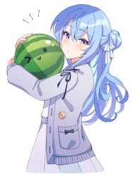 Rule 34 | 1girl, aqua hair, blue eyes, blue hair, blue ribbon, blush, closed mouth, colored inner hair, commentary, cowboy shot, dress, eyelashes, food, fruit, grey dress, grey jacket, hair between eyes, hair ribbon, highres, holding, hololive, hoshimachi suisei, hoshimachi suisei (school uniform), jacket, long hair, long sleeves, multicolored hair, official alternate costume, one side up, open clothes, open jacket, ribbon, simple background, solo, star (symbol), star in eye, suika game, symbol in eye, tsumurimai, two-tone hair, virtual youtuber, watermelon, white background, white ribbon