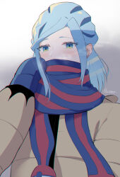 Rule 34 | 1boy, blue eyes, blue hair, blue mittens, blue scarf, breath, commentary request, creatures (company), eyelashes, game freak, grusha (pokemon), hand up, highres, jacket, long sleeves, male focus, medium hair, menma san, mittens, nintendo, poke ball print, pokemon, pokemon sv, scarf, scarf over mouth, sidelocks, signature, solo, striped clothes, striped scarf, trap, upper body, yellow jacket