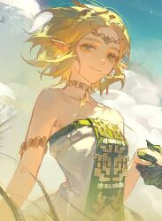 Rule 34 | 1boy, 1girl, armlet, bare shoulders, blonde hair, blue eyes, blue sky, braid, choker, circlet, closed mouth, cloud, cloudy sky, collarbone, crown braid, day, dress, earrings, eyelashes, floating hair, gold choker, green eyes, hair between eyes, hand up, holding hands, jewelry, link, long hair, looking at another, looking at viewer, multicolored clothes, multicolored dress, nintendo, outdoors, parted bangs, pendant choker, plant, pointy ears, princess zelda, renjian shilian, short hair, sidelocks, single bare shoulder, sky, smile, strapless, strapless dress, tattoo, the legend of zelda, the legend of zelda: tears of the kingdom, tunic, wheat field, white dress