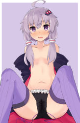 Rule 34 | 1girl, @ @, ahoge, black panties, blush, border, breasts, cameltoe, collarbone, drooling, female focus, female masturbation, frilled panties, frills, hair ornament, highres, kagono asagiri, looking at viewer, masturbation, navel, nose blush, off shoulder, open mouth, panties, purple background, purple eyes, purple hair, purple thighhighs, remote control vibrator, sex toy, simple background, sitting, small breasts, solo, spread legs, tears, thighhighs, trembling, underwear, vibrator, vibrator cord, vibrator under clothes, vibrator under panties, voiceroid, wet, wet clothes, wet panties, white border, yuzuki yukari