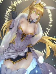 Rule 34 | 1girl, absurdres, aito, animal ears, artoria pendragon (all), artoria pendragon (fate), artoria pendragon (swimsuit ruler) (fate), artoria pendragon (swimsuit ruler) (third ascension) (fate), bare shoulders, blonde hair, breasts, cleavage, closed mouth, commentary request, fate/grand order, fate (series), gloves, green eyes, highres, large breasts, long hair, looking at viewer, ponytail, rabbit ears, solo
