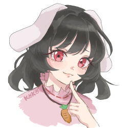 Rule 34 | 0002koko, 1girl, :3, animal ears, artist name, black hair, blush, carrot necklace, close-up, closed mouth, commentary, eyelashes, finger to own chin, floppy ears, hair intakes, highres, inaba tewi, index finger raised, jewelry, lips, looking at viewer, medium hair, necklace, pink shirt, rabbit ears, rabbit girl, red eyes, shirt, simple background, smile, smug, solo, swept bangs, touhou, wavy hair, white background