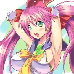 Rule 34 | 1girl, armpits, arms behind back, arms behind head, blue sailor collar, blush, bow, breasts, brooch, cave (developer), covered erect nipples, elbow gloves, gloves, green eyes, headdress, large breasts, long hair, mushihime-sama, mushihime-sama futari, open mouth, pink hair, reco, sailor collar, shinozuka atsuto, sideboob, solo, twintails, upper body, wing brooch, yellow bow