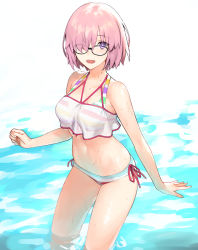 Rule 34 | 1girl, bikini, black-framed eyewear, breasts, collarbone, commentary request, fate/grand order, fate (series), ginka sima, glasses, hair over one eye, highres, in water, light purple hair, looking at viewer, mash kyrielight, mash kyrielight (swimsuit of perpetual summer ver.02), medium breasts, multicolored bikini, multicolored clothes, multicolored swimsuit, navel, official alternate costume, one eye covered, open mouth, purple eyes, see-through, short hair, smile, solo, striped bikini, striped clothes, swimsuit, wading, water, wet