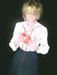 Rule 34 | 1boy, black background, black skirt, blonde hair, blood, blood on face, bright pupils, brown eyes, buttons, camera flash, closed mouth, cowboy shot, crossdressing, frown, hands up, huangdanlan, hunter x hunter, kurapika, long skirt, long sleeves, looking at viewer, male focus, pleated skirt, red ribbon, ribbon, shirt, short hair, simple background, skirt, solo, trap, white shirt