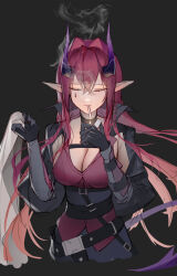 Rule 34 | 1girl, 9am9i, absurdres, arknights, ascalon (arknights), black background, black gloves, breasts, cigarette, cleavage, closed eyes, closed mouth, gloves, highres, holding, holding hood, holding lighter, horns, large breasts, lighter, long hair, purple eyes, purple hair, simple background, smoke, smoking, solo