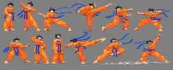 1girl barefoot black_hair dizzy dougi dust_cloud fighting_stance karate_gi kicking makoto_(street_fighter) muscular muscular_female neck_ribbon punching ribbon simple_background sprite sprite_sheet street_fighter street_fighter_iii_(series)