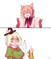Rule 34 | 2koma, 3girls, :d, ^ ^, bad id, bad twitter id, bags under eyes, black hat, black ribbon, blonde hair, blood, blood from mouth, blush, breasts, closed eyes, comic, commentary request, dress, earmuffs, fang, giving up the ghost, green dress, green eyes, green hair, hands up, hat, hat ribbon, juliet sleeves, korean commentary, long sleeves, medium breasts, mononobe no futo, multiple girls, neck ribbon, nosebleed, open mouth, pointy hair, puffy sleeves, ribbon, ribbon-trimmed sleeves, ribbon trim, shan, silent comic, simple background, sleeves past fingers, sleeves past wrists, smile, soga no tojiko, tate eboshi, thumbs up, touhou, toyosatomimi no miko, upper body, white background, wide sleeves
