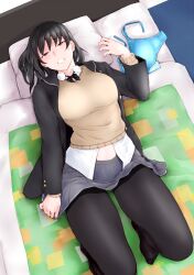 Rule 34 | 1girl, amagami, barefoot, black eyes, black hair, black pantyhose, blue bra, blush, bra, unworn bra, breasts, commentary request, full body, highres, kibito high school uniform, knees up, large breasts, long sleeves, looking at viewer, lying, no shoes, on back, pantyhose, partially unbuttoned, ponytail, sasaki akira (ugc), school uniform, skirt, smile, solo, textless version, third-party edit, tsukahara hibiki, unbuttoned, unbuttoned shirt, underwear