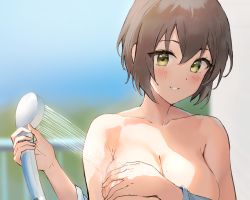 Rule 34 | 1girl, blurry, blurry background, breasts, brown hair, cleavage, collarbone, commentary, covering privates, covering breasts, green eyes, hair between eyes, head tilt, highres, holding, holding shower head, large breasts, looking at viewer, mole, mole on breast, nude, original, parted lips, railing, revision, short hair, shower head, sidelocks, solo, upper body, washing, ym (pixiv2132273)