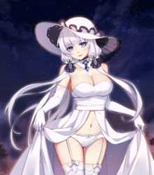 Rule 34 | 1girl, absurdres, azur lane, bare shoulders, blue eyes, blunt bangs, bow, bow panties, breasts, cleavage, clothes lift, detached collar, dress, dress lift, elbow gloves, garter straps, gem, gloves, hat, highres, illustrious (azur lane), lace, large breasts, lifting own clothes, lips, long hair, low twintails, mog (pixiv5746967), mole, mole under eye, navel, night, panties, sash, solo, strapless, strapless dress, thighhighs, twintails, underwear, very long hair, white dress, white hair, white panties, white thighhighs