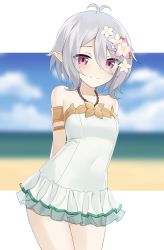Rule 34 | 1girl, antenna hair, armlet, arms behind back, bad id, bad pixiv id, bare shoulders, beach, covered navel, flower, hair between eyes, hair flower, hair ornament, highres, kokkoro (princess connect!), kokkoro (summer) (princess connect!), letterboxed, looking at viewer, one-piece swimsuit, pointy ears, princess connect!, purple eyes, shengtian, short hair, silver hair, smile, solo, split mouth, swimsuit, white flower, white one-piece swimsuit
