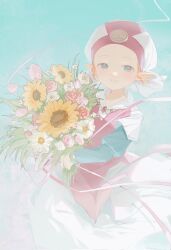 Rule 34 | 1girl, blue eyes, blush, bouquet, child, chinese commentary, commentary request, cowboy shot, dress, flower, grin, hat, highres, holding, holding bouquet, jewelry, blue background, long dress, long sleeves, looking at viewer, necklace, nintendo, orange hair, pink flower, pink rose, pointy ears, princess zelda, rose, smile, solo, standing, sunflower, the legend of zelda, the legend of zelda: ocarina of time, triforce, white flower, young zelda, yun (dl2n5c7kbh8ihcx)