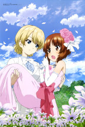 Rule 34 | 2girls, :o, absurdres, blonde hair, blue eyes, blue shirt, blue sky, bow, bowtie, braid, bridal gauntlets, brown eyes, brown hair, carrying, cherry blossoms, closed mouth, cloud, darjeeling (girls und panzer), day, dress, elbow gloves, female focus, field, flower, flower field, girls und panzer, gloves, hair flower, hair ornament, highres, jacket, jewelry, jitsuhara noboru, looking at another, megami magazine, multiple girls, necklace, nishizumi miho, official art, open mouth, outdoors, petals, pink dress, princess carry, scan, shirt, short hair, sky, smile, tree, tuxedo, tuxedo jacket, tuxedo shirt, wedding dress, white gloves, white jacket, yuri
