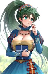 Rule 34 | 1girl, absurdres, alternate costume, blue dress, breasts, cleavage, collarbone, commentary request, dress, earrings, fire emblem, fire emblem: the blazing blade, fire emblem heroes, gonzarez, green eyes, green hair, hairband, hand up, highres, holding, jewelry, juliet sleeves, large breasts, long hair, long sleeves, lyn (fire emblem), lyn (valentine) (fire emblem), necklace, nintendo, official alternate costume, ponytail, puffy sleeves, solo, upper body, very long hair