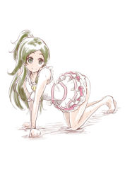 Rule 34 | 1girl, adapted costume, all fours, barefoot, closed mouth, cosplay, cure rhythm, cure rhythm (cosplay), dress, full body, green eyes, green hair, high ponytail, layered dress, long hair, minamino kanade, nita (onakatohoppe), parted bangs, precure, short dress, simple background, sketch, sleeveless, sleeveless dress, smile, solo, suite precure, very long hair, white background, white dress