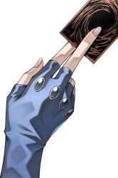 Rule 34 | 1girl, blue gloves, card, fingerless gloves, gloves, hand focus, holding, holding card, rourou ill, simple background, solo, tenjouin asuka, trading card, white background, yu-gi-oh!, yu-gi-oh! gx