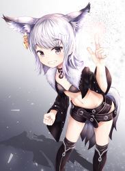 Rule 34 | 1girl, :d, absurdres, animal ear fluff, animal ears, belt, belt buckle, belt skirt, bikini, bikini top only, black belt, black bikini, black collar, black jacket, black socks, blade &amp; soul, blush, breasts, brown eyes, buckle, buttons, clenched hand, collar, collarbone, commentary, cropped jacket, earrings, english commentary, fur collar, gradient background, groin, hand up, highres, ibning27, index finger raised, jacket, jewelry, kneehighs, leaning forward, legs apart, long sleeves, looking at viewer, lyn (blade &amp; soul), navel, open mouth, shadow, short hair, sidelocks, silver hair, simple background, small breasts, smile, socks, solo, standing, swimsuit, tail, teeth, thighs, wide sleeves, wolf ears, wolf girl, wolf tail