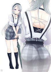 Rule 34 | 1girl, ass, back cutout, bag, casual, clothing cutout, collarbone, full body, hair between eyes, headband, kantai collection, long hair, looking at viewer, purple eyes, sagiri (kancolle), silver hair, simple background, solo, standing, sumeragi hamao, umbrella, white background