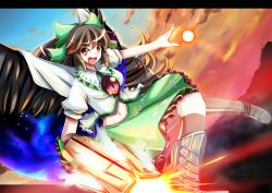 Rule 34 | 1girl, akiyasu, arm cannon, bow, brown hair, cape, commentary request, hair bow, long hair, open mouth, reiuji utsuho, solo, touhou, weapon, wings