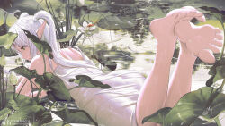 Rule 34 | 1girl, artist name, barefoot, bug, commentary, dragonfly, dress, elf, feet, flower, frieren, from behind, green eyes, highres, insect, leaf, long hair, lotus, lotus leaf, lying, making-of available, on stomach, outdoors, pixiv id, pointy ears, profile, rain, ripples, sidelocks, sleeveless, sleeveless dress, soles, solo, sousou no frieren, twintails, water, water drop, wet, wet clothes, white dress, white hair, yuxing yuhang
