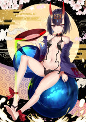 Rule 34 | 1girl, alcohol, ankle ribbon, bare legs, bare shoulders, barefoot, breasts, cherry blossoms, commentary request, cup, eyeshadow, fate/grand order, fate (series), floral print, full body, full moon, gourd, hand up, headpiece, highres, holding, holding cup, horns, japanese clothes, kimono, leg ribbon, long sleeves, looking at viewer, makeup, moon, moruchi (rinaka moruchi), navel, off shoulder, oni, open clothes, open kimono, purple eyes, purple hair, purple kimono, red ribbon, revealing clothes, ribbon, sakazuki, sake, short hair, shuten douji (fate), sitting, skin-covered horns, small breasts, smile, solo, stomach, thighs, wide sleeves