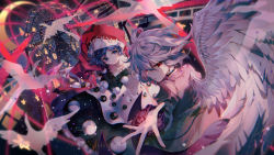 Rule 34 | 2girls, ahoge, bird, black choker, black dress, blue eyes, blue hair, chinese commentary, choker, commentary request, crescent moon, doremy sweet, dress, earrings, feathered wings, ferris wheel, frilled sleeves, frills, hair between eyes, hat, jacket, jewelry, juliet sleeves, kishin sagume, long sleeves, looking at viewer, moon, multicolored clothes, multicolored dress, multiple girls, nightcap, parted lips, pom pom (clothes), puffy sleeves, purple dress, reaching, reaching towards viewer, red eyes, red hat, roller coaster, short hair, silver hair, smile, star (symbol), touhou, white dress, white wings, wings, yasato