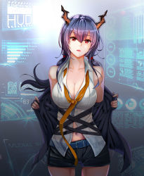 Rule 34 | 1girl, arknights, backlighting, bare shoulders, belt, belt buckle, black jacket, black shorts, breasts, buckle, ch&#039;en (arknights), cleavage, closed mouth, collarbone, cowboy shot, dragon girl, dragon horns, drakente, expressionless, hair between eyes, highres, holographic interface, horns, jacket, large breasts, long hair, long sleeves, looking at viewer, low twintails, navel, off shoulder, open clothes, open jacket, orange neckwear, pink lips, purple hair, red eyes, see-through, shirt, short shorts, shorts, sidelocks, solo, twintails, undressing, white shirt