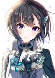 Rule 34 | &gt;:(, 1girl, ascot, black hair, black jacket, blue flower, blue rose, blush, brooch, closed mouth, commentary request, flower, hair ornament, idolmaster, idolmaster cinderella girls, idolmaster cinderella girls starlight stage, jacket, jewelry, light frown, looking at viewer, purple eyes, rose, shirayuki chiyo, short hair, simple background, solo, sutoroa, upper body, v-shaped eyebrows, white ascot, white background, white jacket