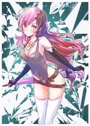 Rule 34 | 1girl, belt, boots, breasts, brown eyes, brown hair, covered navel, elbow gloves, gloves, heterochromia, highres, iesupa, jewelry, leotard, multicolored hair, multiple belts, neo politan, pink eyes, pink hair, rwby, solo, split-color hair, thigh boots, thighhighs, umbrella