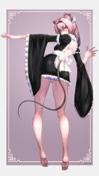 Rule 34 | 1girl, absurdres, alternate costume, animal ears, arknights, backless dress, backless outfit, bare back, bare legs, barefoot, black dress, commentary request, dress, enmaided, frilled sleeves, frills, from behind, full body, hair between eyes, highres, lin (arknights), long hair, long sleeves, looking at viewer, looking back, maid, mouse ears, mouse tail, purple eyes, purple hair, short dress, solo, tail, thighs, wide sleeves, yamauchi (conan-comy)