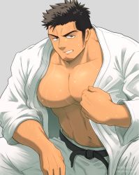 Rule 34 | 1boy, abs, artist name, bara, belt, black hair, dougi, facial hair, feet out of frame, goatee stubble, grey background, hakama, hand on knees, highres, japanese clothes, karate gi, kimono, large pectorals, looking at viewer, male focus, manly, mature male, muscular, muscular male, navel hair, nipples, open clothes, open kimono, original, pectorals, short hair, simple background, sitting, smile, solo, spiked hair, stubble, sweat, sweatdrop, ta koazuma, teeth, thick eyebrows, twitter username, yellow eyes