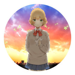 Rule 34 | 1girl, alternate costume, arm behind back, arm up, backlighting, bad id, bad pixiv id, blonde hair, blue skirt, bow, bowtie, cityscape, cloud, commentary, cowboy shot, envelope, expressionless, floral background, grey sweater, hair between eyes, highres, holding, holding envelope, kurokawa (kurokawa 1 1), long sleeves, miniskirt, mizuhashi parsee, outdoors, photo background, pleated skirt, red bow, red bowtie, red sky, round image, school uniform, shirt, skirt, sky, solo, standing, sunset, sweater, touhou, uniform, white shirt, wing collar