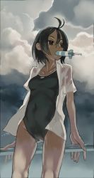 Rule 34 | 1girl, antenna hair, black eyes, black hair, cloud, eating, food, mouth hold, one-piece swimsuit, popsicle, school swimsuit, short hair, solo, swimsuit, swimsuit under clothes, wet, zaimoku okiba