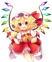 Rule 34 | 1girl, :3, animal ears, animal hands, ascot, blonde hair, cat ears, cat tail, dress, flandre scarlet, gloves, hair between eyes, kemonomimi mode, looking at viewer, open mouth, paw gloves, puffy short sleeves, puffy sleeves, red dress, red eyes, ruhika, short sleeves, solo, tail, touhou, wings