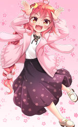 Rule 34 | 1girl, :d, ahoge, animal ears, arms up, black skirt, blush, braid, commentary request, crescent, crescent hair ornament, fake animal ears, fang, floral background, floral print, gradient background, hair between eyes, hair ornament, highres, jacket, kantai collection, long hair, long sleeves, looking at viewer, no socks, open clothes, open jacket, open mouth, pink background, pink jacket, print skirt, puffy long sleeves, puffy sleeves, rabbit ears, rabbit hair ornament, red eyes, red hair, shirt, shoes, sills, single braid, skirt, smile, solo, uzuki (kancolle), very long hair, white footwear, white shirt