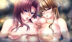 Rule 34 | 2girls, atelier kaguya, blush, breast press, breasts, breasts squeezed together, brown hair, censored, collarbone, cooperative paizuri, gigantic breasts, long hair, mole, multiple girls, nipples, open mouth, paizuri, penis, purple eyes, saliva, shiny skin, tongue, tongue out, wet
