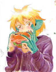 Rule 34 | 1girl, blonde hair, burger, claws, colored skin, commentary request, dated, eating, food, green skin, hair ornament, hairclip, holding, holding food, hood, hoodie, kanemaki thomas, monster girl, original, painting (medium), reptile girl, scales, short hair, signature, solo, traditional media, upper body, watercolor (medium), white background