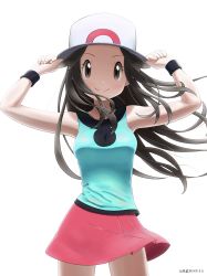 Rule 34 | 1girl, arms up, backlighting, blue shirt, blush, breasts, brown eyes, brown hair, cowboy shot, creatures (company), game freak, hand on headwear, hat, highres, large breasts, leaf (pokemon), looking at viewer, nintendo, pokemon, pokemon frlg, red skirt, shirt, simple background, skirt, sleeveless, sleeveless shirt, solo, sun hat, toumin nezumi, white background, wind, wind lift