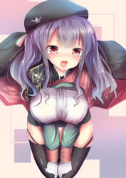 Rule 34 | 1girl, absurdres, azur lane, beret, black hat, black thighhighs, blush, breasts, cape, center frills, cowboy shot, frills, gloves, hat, highres, large breasts, long hair, long sleeves, magudara naru, open mouth, pola (azur lane), purple hair, red eyes, skindentation, solo, thighhighs, tongue, twintails, white gloves