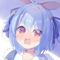 Rule 34 | 1girl, absurdres, animal ears, blue hair, blue ribbon, blush, carrot hair ornament, choker, collarbone, commentary request, eyes visible through hair, food-themed hair ornament, hair between eyes, hair ornament, hair ribbon, highres, hololive, looking at viewer, medium hair, multicolored hair, nananana (nana hololive), nose blush, official alternate costume, open mouth, orange eyes, portrait, rabbit-shaped pupils, rabbit ears, rabbit girl, ribbon, shade, short eyebrows, short twintails, sidelocks, solo, surprised, sweat, symbol-shaped pupils, thick eyebrows, twintails, two-tone hair, usada pekora, usada pekora (casual), virtual youtuber, white choker, white hair