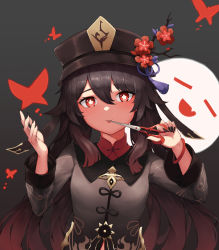Rule 34 | 1girl, absurdres, aoria, black hair, black hat, black nails, black shirt, flower, genshin impact, ghost, gradient hair, grey background, hair between eyes, hands up, hat, hat flower, highres, holding, hu tao (genshin impact), long hair, long sleeves, looking at viewer, multicolored hair, nail polish, plum blossoms, red eyes, scissors, shirt, solo, star-shaped pupils, star (symbol), symbol-shaped pupils, tongue, tongue out, upper body