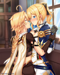 Rule 34 | 1boy, 1girl, aether (genshin impact), against window, ahoge, any (trueblue), arm up, blonde hair, blue eyes, blush, bookshelf, braid, braided ponytail, breasts, capelet, cleavage, cross, cross earrings, earrings, eye contact, face-to-face, genshin impact, gloves, half-closed eyes, hetero, holding another&#039;s wrist, indoors, jean (genshin impact), jewelry, long hair, looking at another, medium breasts, midriff, pants, ponytail, scarf, short sleeves, standing, tall female, white pants, white scarf, window, yellow eyes